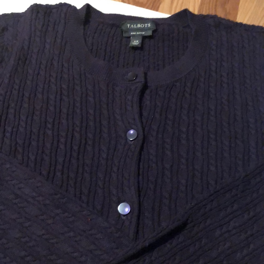 Talbots Pima cotton mini-cable knit cardigan, plum color. Like New! - Picture 3 of 4